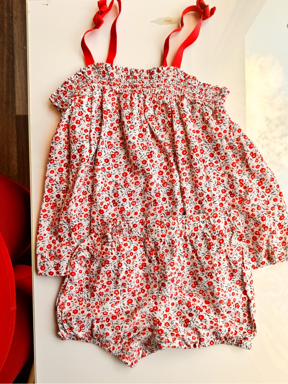 Old Navy Red and White Floral Girls Romper Set
